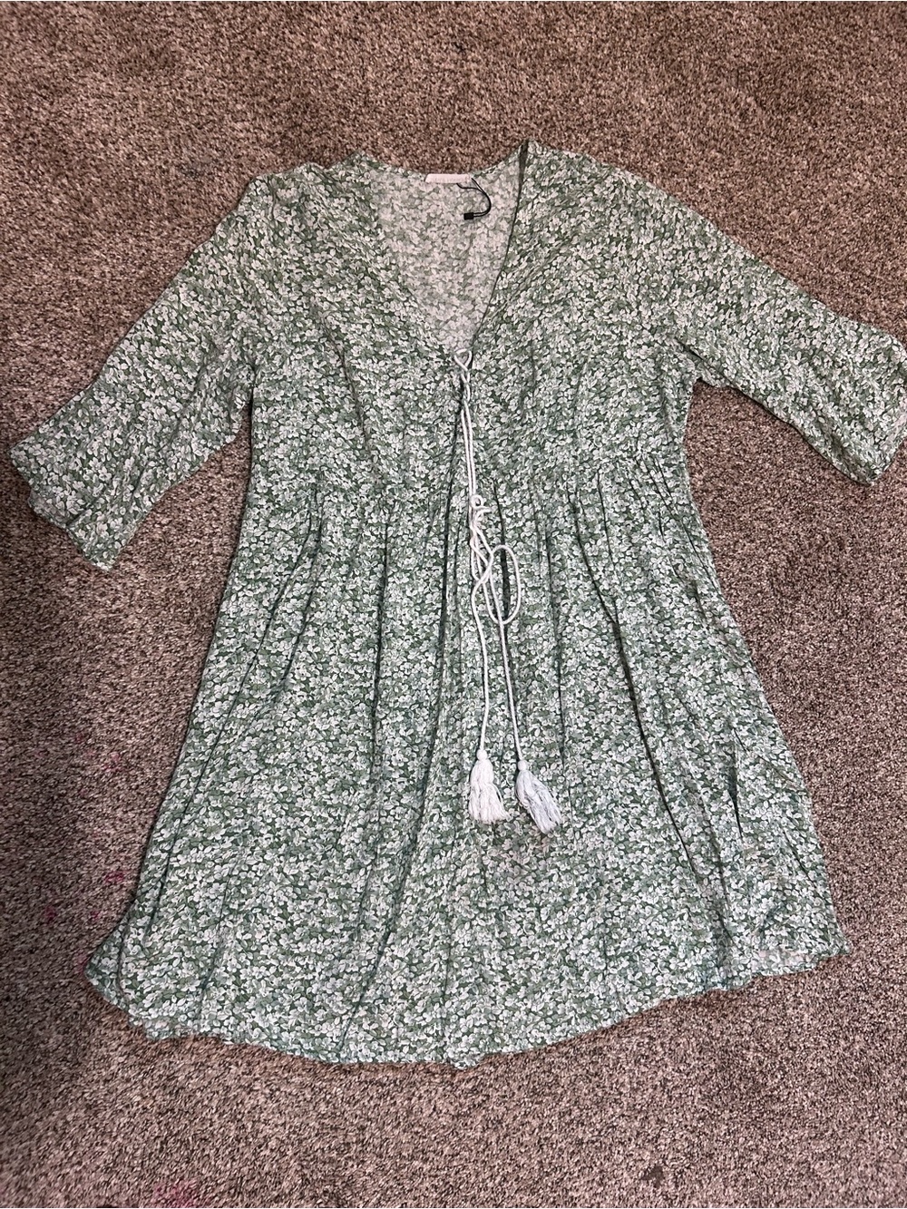 Green Floral Tie-Front Tunic Dress with Tassel Detail